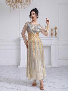 JINLICX 奢华银色串珠杏色连衣裙 时尚正式晚礼服 - 杏色 - 查看 1