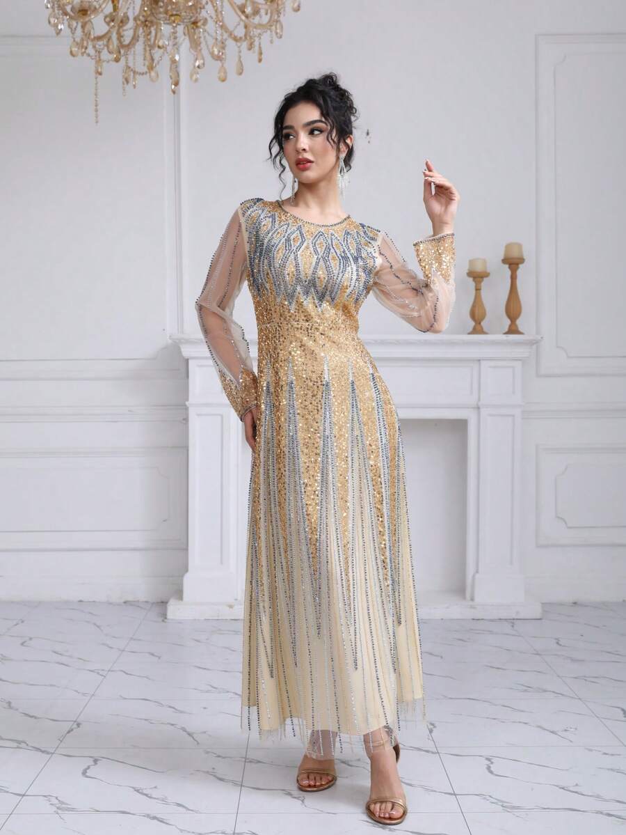 JINLICX 奢华银色串珠杏色连衣裙 时尚正式晚礼服 - 杏色 - 查看 1