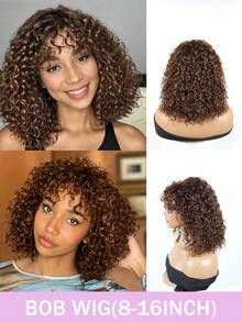 水波纹波波头假发，带刘海，真人发，无胶机织，佩戴方便，200%密度，挑染真人发波波头假发，#4/30，日常及派对适用 - S4/30 - 查看 2