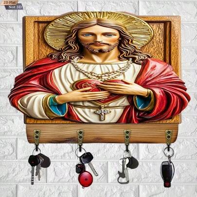 定制个性化圣心耶稣钥匙架 - 2D平面宗教壁挂式钥匙架 - 基督教家居装饰 - 送给信徒的完美宗教礼物 - 非常适合用于玄关、走廊和家居收纳