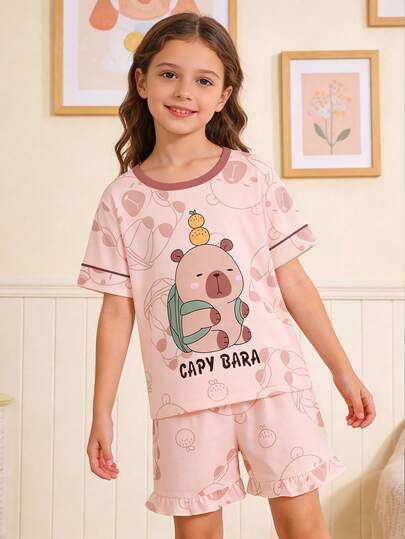 2pcs/Set Tween Girl Short Sleeve Pajamas Set, Flame Retardant Summer New Crew Neck Tee And Elastic Waist Shorts Homewear Set, Abstract Cartoon Print Pattern, Children Middle & Large Size Daily Wear, Comfortable Short Sleeve Sleepwear, Kids Gift Set