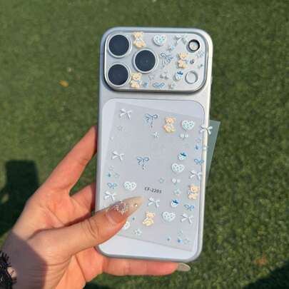 Fresh Blue And White Bear Bow Pattern Decorative Stickers+Camera Lens Protective Cover Suitable Compatible With Apple 17 Pro/17 Pro Max Series/Waterproof, Shockproof, Scratch Resistant