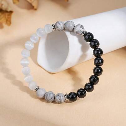 男士天然石串珠手链 - 黑玛瑙、猫眼石和地图石，用于保护和接地能量