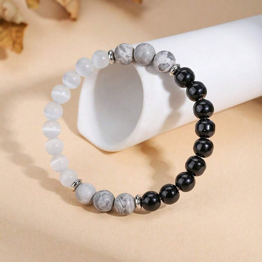 男士天然石串珠手链 - 黑玛瑙、猫眼石和地图石，用于保护和接地能量 - 多色 - 查看 1