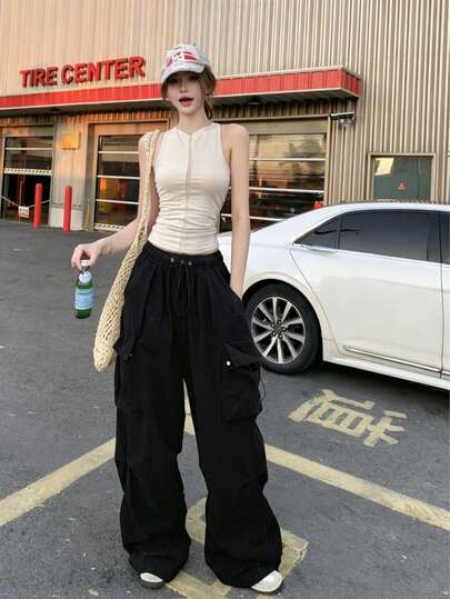 女士复古抽绳腰阔腿宽松休闲工装裤 黑色 春季款