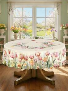 1pc Elegant Tulip & Floral Print Tablecloth, Durable Polyester Tablecloth With Ruffled Edges, Stain-Resistant Waterproof Washable Wrinkle-Free Table Cover, Suitable For Various Occasions Like Spring Holidays, Thanksgiving Dinner, Patio Parties, Home Decor, Essential Dining Table And Kitchen Dining Accessory, Home Decor Tablecloth, Wedding Tablecloth, Wedding Table Decor, Room Decor, Vintage Decor - Black - View 3