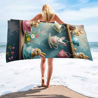 1 chiếc khăn tắm biển in hình tiệc trà thỏ mùa xuân, nhanh khô, siêu thấm hút, không bám cát, kích thước lớn, thích hợp cho du lịch, bơi lội, kỳ nghỉ, nhẹ và thân thiện với da, có thể dùng như khăn choàng.