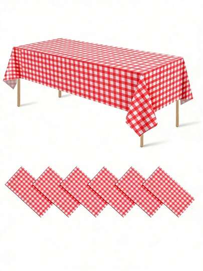 1PC/6PCS 137*274cm Red And White Plastic Checkered Tablecloth, Decorative Disposable Red Checkered Tablecloth, Suitable For Picnic Farm Birthday Wedding Rectangular Party Tablecloth