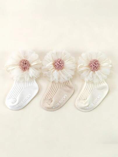 3 Pairs Girls' Mesh Floral Short Socks, Anti-Slip Princess Socks For Toddlers
