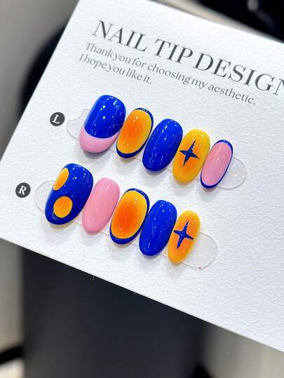 10 Pieces Of Purely Handmade Press-On Nails With Oval-Shaped Nail Forms, Dopamine-Colored Oil Painting Style, Featuring Hand-Painted Multi-Color Gradients Of Blue, Pink, And Yellow, Along With Various Patterns Such As Circular Lines And French Tips, These Are High-End Nail Art False Nail Pieces, Suitable For Daily Wear By Women And Girls, And Come With A Nail Kit.