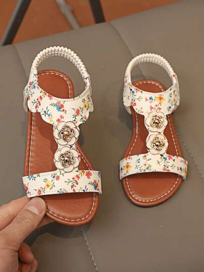 1 Pair Girls' Sweet Ditsy Floral Pearl & Rhinestone Decor PU Leather Non-Slip Durable Open Toe Elastic Band Flat Sandals, Princess Style For Daily Wear, School, Outdoor, Beach, Holiday, Children's Day Performance, Gift