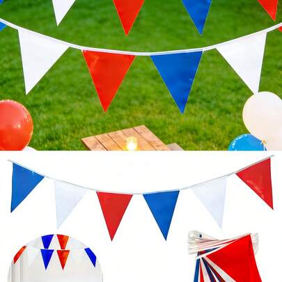 Dây cờ tam giác nhiều màu sắc (50/25 lá), cờ trang trí rực rỡ, thích hợp cho lễ khai trương, lễ tốt nghiệp, tiệc sinh nhật, đám cưới, trang trí sân vườn ngoài trời, trang trí tiệc tùng, lễ kỷ niệm ngoài trời và các lễ hội khác. Lá cờ tam giác màu đỏ trắng xanh mang đậm tinh thần yêu nước này sẽ tạo thêm không khí lễ hội sống động cho bất kỳ dịp nào.
