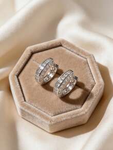 1 Đôi bông tai bạc 925 mạ đá Zirconia tối giản, trang sức tinh tế thích hợp đeo hàng ngày. - 2 bông tai đính kim cương nguyên khối - Xem 4