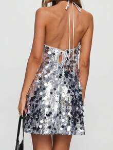 Ladies' Summer Casual Dress, Sleeveless And Backless, Adorned With Sparkling Sequins. Soft Fabric, Lightweight And Breathable. Ideal For Summer, Weddings, Clubs, Casual Wear, Birthday Parties, Vacations, Beaches, Holidays, Work, Daily Life, And Dating. - 銀色 - 查看 6