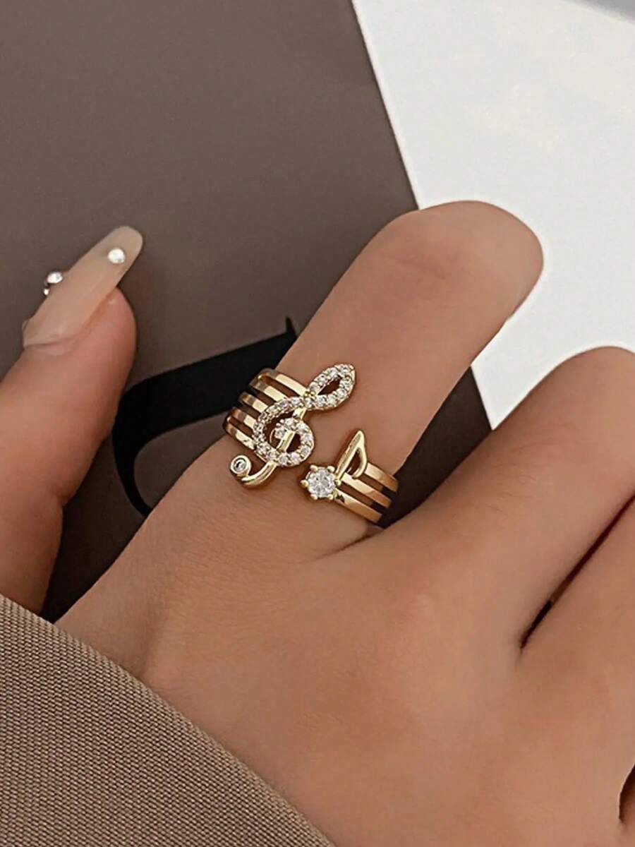 Music Note Design Cuff Ring, Adjustable Open Ring, Stackable Rings, Fashion Jewelry, Fashion Accessory For Party, Music Lover, Daily Clothing Decor,  All-Match & Exquisite Jewelry For Birthday Gift - Gold - View 1