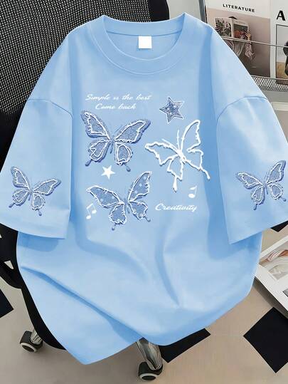 Áo thun ngắn tay cổ tròn in chữ và bướm dành cho nữ cỡ lớn, kiểu dáng thường ngày, đa năng, phù hợp cho kỳ nghỉ hè, đi biển, lễ hội, mùa xuân, ngày Valentine, lễ hội hóa trang.