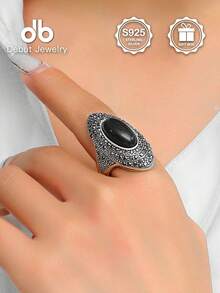 1pc S925 Sterling Silver Bohemian Mirror Polished Ring, Pave Set Black Stone Main Gemstone, Vintage Chic Design, Suitable For Daily, Commute, Party Wear, Stackable Jewelry, Great Gift For Valentine's Day, Mother's Day, Comes With Gift Box - Bohemian Style - View 7