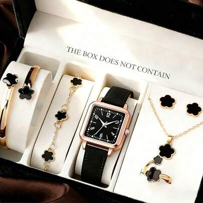 Bộ 7 món đồng hồ dây đeo mờ bền chắc cổ điển phối đen và vàng, kèm bộ 6 món trang sức, tinh tế, đa năng, trang trọng và chất lượng cao, phù hợp cho cả đi làm hàng ngày và hẹn hò.