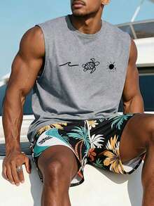 Áo thun nam in họa tiết, áo thun tay ngắn dáng rộng thoải mái thích hợp mặc đi biển mùa hè. - Màu Xám nhạt - Xem 1