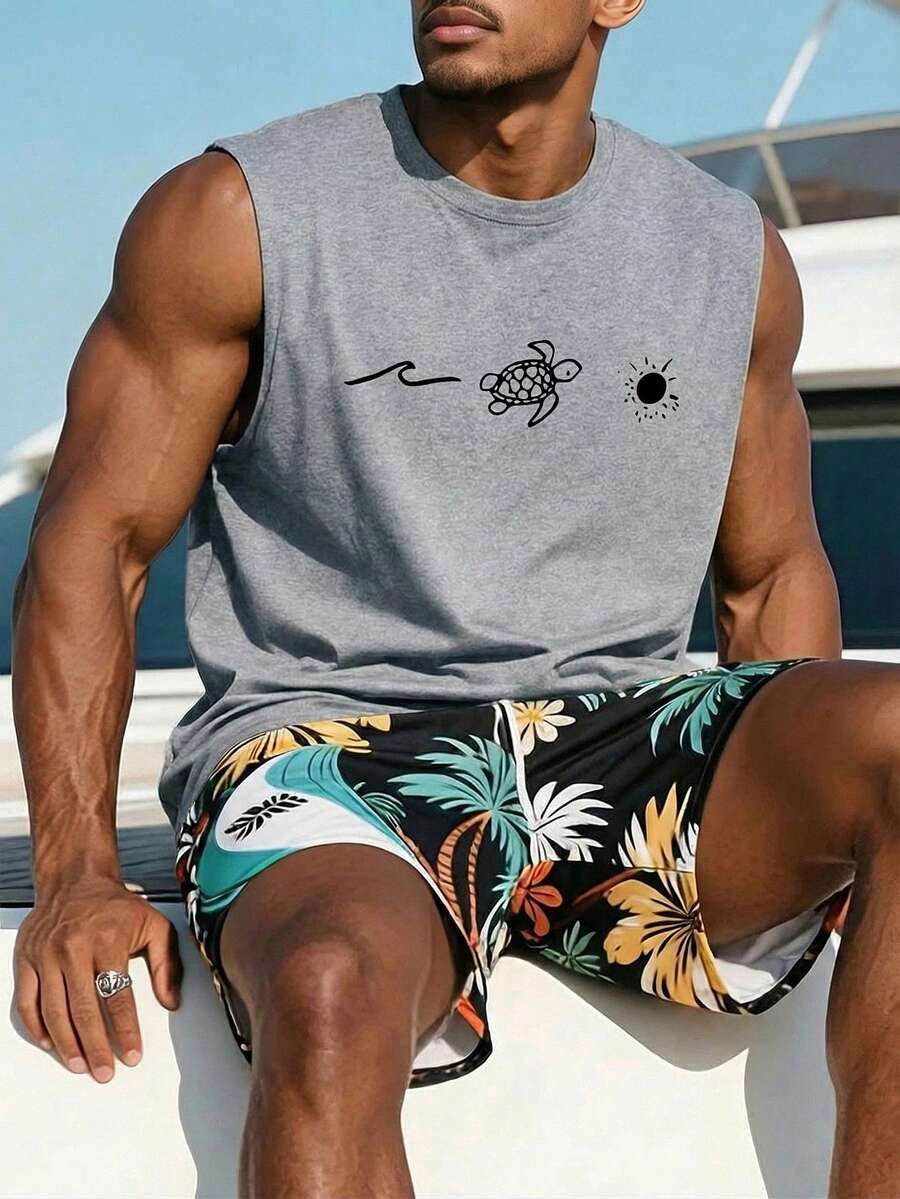 Áo thun nam in họa tiết, áo thun tay ngắn dáng rộng thoải mái thích hợp mặc đi biển mùa hè. - Màu Xám nhạt - Xem 1