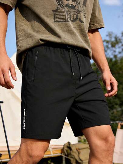 Men's Quick-Dry Loose Workout Shorts, With Reflective Letter Print And Zipper Pockets, Breathable & Comfortable, Suitable For Gym Exercises And Outdoor Long-Distance Running