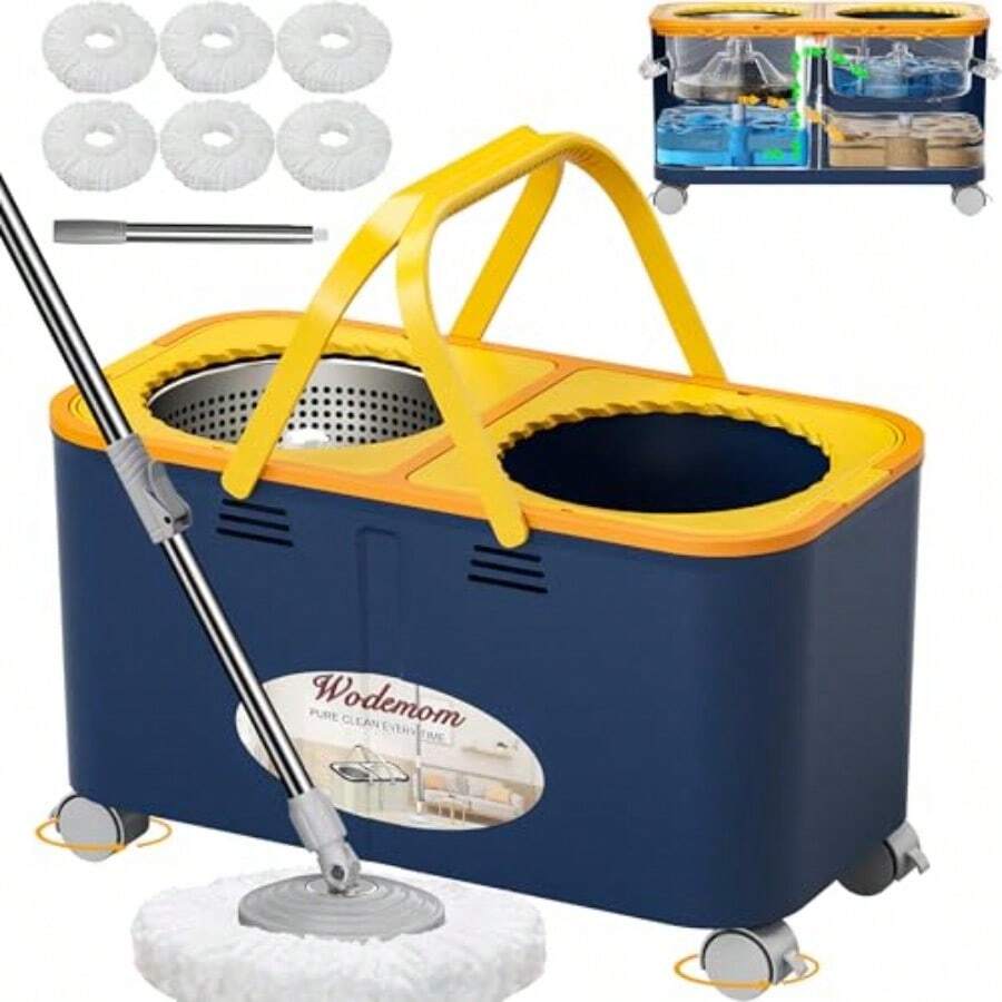 L2ozm0hg Compact Spin Mop And Bucket With Clean And Dirty Water System Floor Mop With 360° Swivel Wheels 61" Handle 6 Reusable Mop Heads For For Wood Tile Vinyl Baseboards- Blue/Yellow - Xanh lam/Vàng - Xem 1