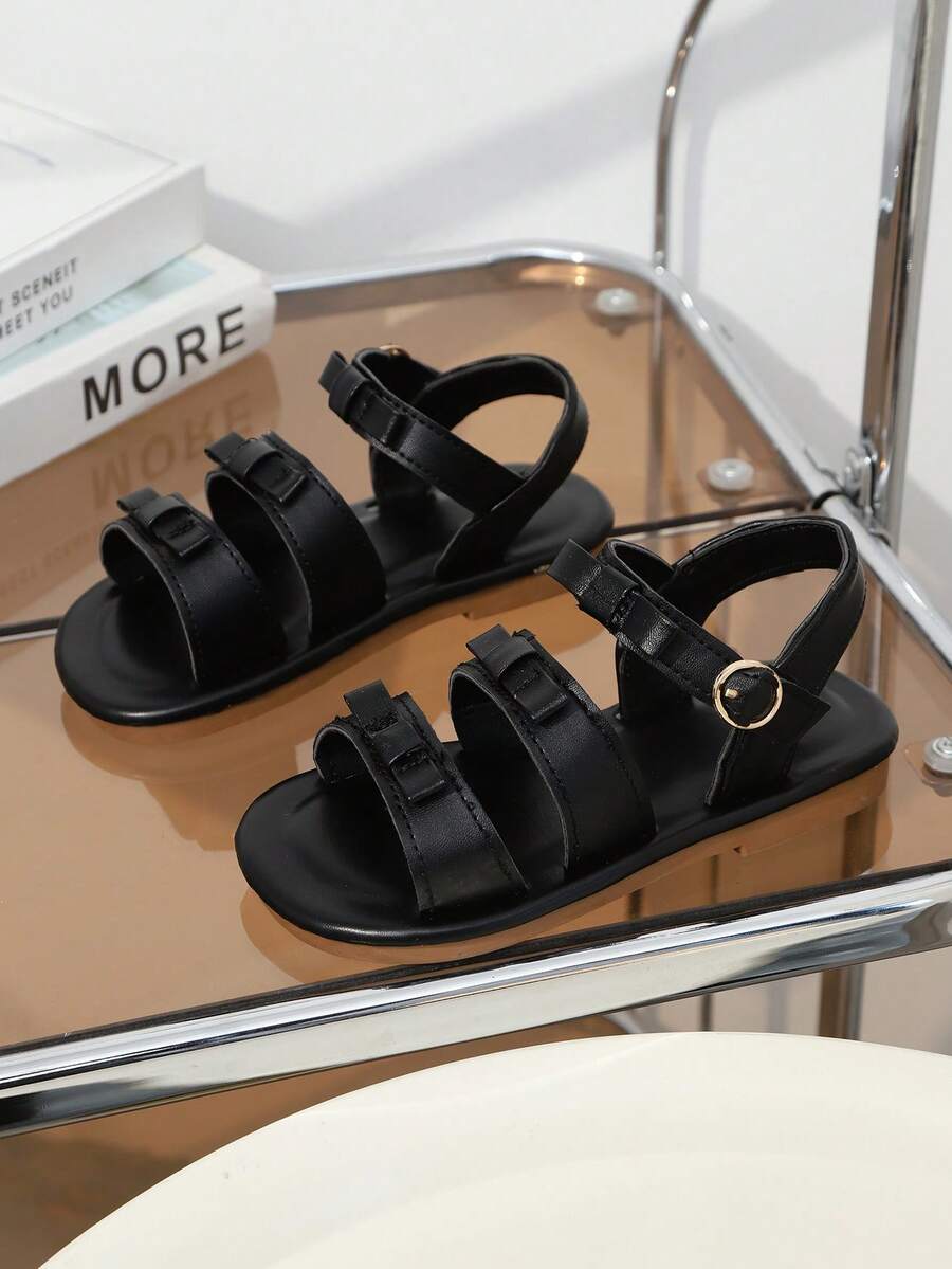 1双黑色软皮幼儿/小女孩平底凉鞋，圆头蝴蝶结，可调节鞋带，防滑软底，适合3-12岁女孩，日常、海滩穿着，2026春夏款 - 黑色 - 查看 1