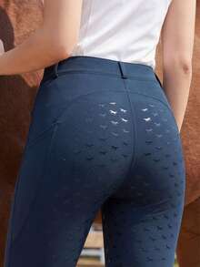 女士弹力马术骑行裤，全硅胶防滑设计，80%涤纶20%氨纶针织面料，几何图案修身骑行裤，带口袋，适合四季骑行。 - 藏蓝色 - 查看 3