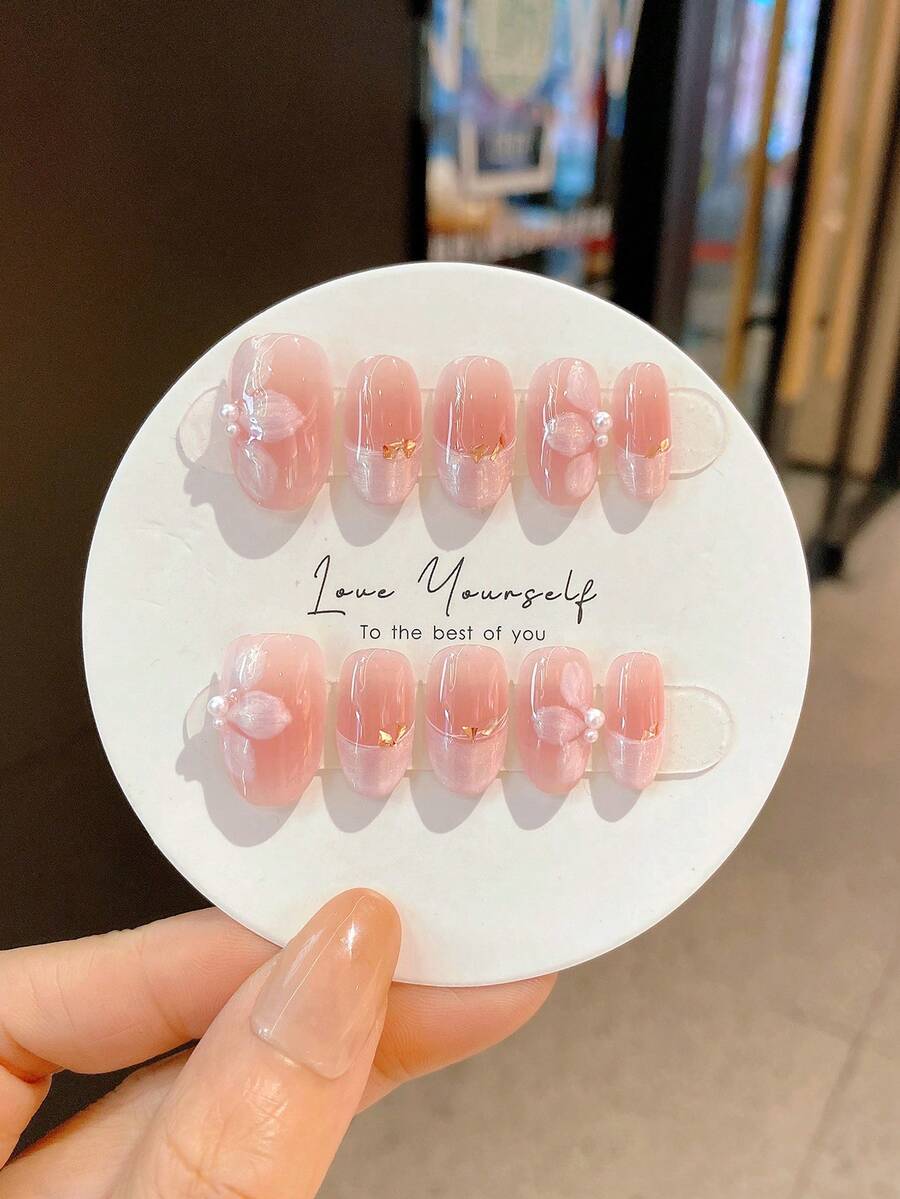 10 piezas de uñas postizas hechas a mano, para el Día de San Valentín, primavera y verano, de forma redonda, uñas postizas cortas, uñas falsas, uñas postizas acrílicas, uñas postizas hechas a mano, desmontables y reutilizables