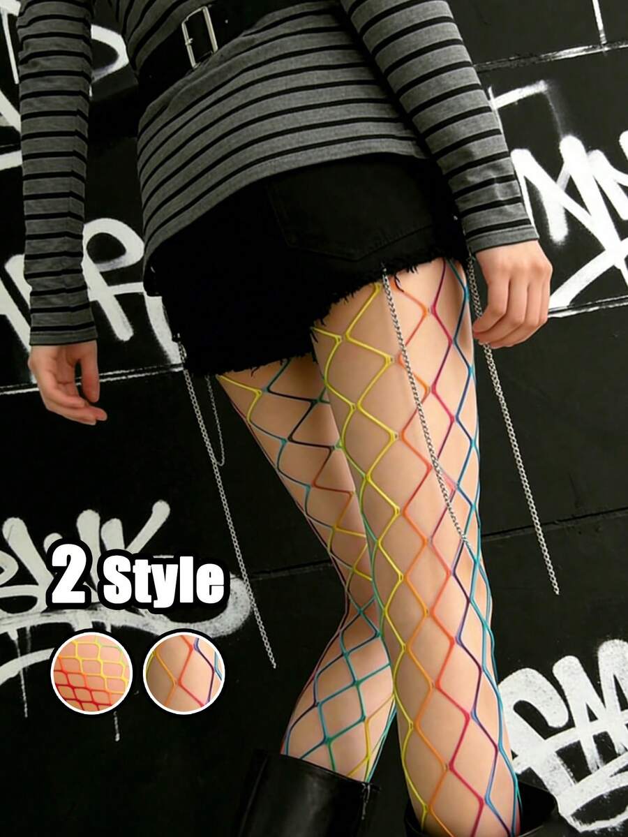 两种款式可选：彩虹渐变色渔网袜，朋克哥特风网袜 - 彩色 - 查看 1