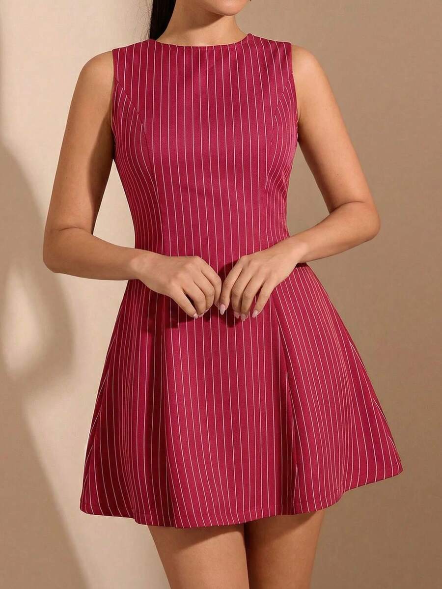 Vestido casual elegante de rayas sin mangas, adecuado para primavera y verano - Rojo y blanco - Ver 1