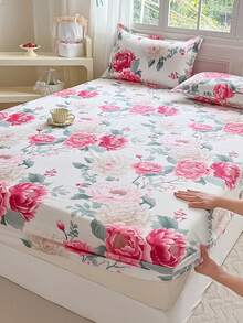3pcs Printed Bedding Set (1 Fitted Sheet + 2 Pillowcases), Skin-Friendly Fabric Fitted Sheet Set Including Pillowcases, Without Filler, Home Bedding Set, Machine Washable - Flowers Bloom In Wealth and Prosperity - View 4