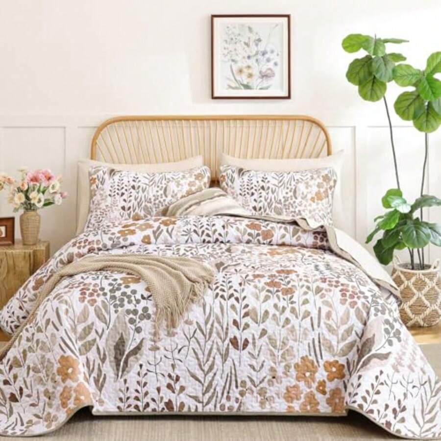 Quilt Set King Size 3 Pieces Brown Floral Quilt Sets Reversible Bedspreads Bedding Set Soft and Cozy Microfiber Lightweight Quilt Flower Plant Bed Coverlet Sets for All Season King 104"x90" - Marrón - Ver 1