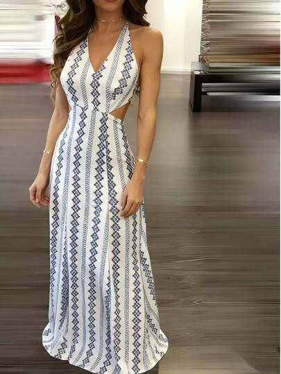 Đầm hai dây hở lưng thời trang dành cho nữ, đầm dài dáng chữ A không tay phong cách Bohemian, thích hợp dự tiệc.