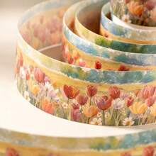 1 Roll Washi Tape, Floral Series Pastoral Style Hand-Painted Illustrations Of Plants And Flowers, Refreshing Natural Landscape Flowers Like Tulips/Sunflowers/Daisies/Roses, Suitable For Scrapbooking, Albums, Notebooks, DIY Decoration, Student Stationery Supplies, Back To School Essential - 1rolii - View 2