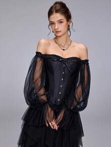 Women's Black Open Shoulder Bustier Top With Sheer Puff Sleeves, Tie-Back, And Button Front Closure, Regular Length, Non-Stretch Fabric, Suitable For Party, Prom, Halloween, Retro Chic Spring - Black - View 3