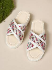 1双儿童休闲假日坡跟交叉编织时尚厚底夏季凉鞋 - 米色 - 查看 3