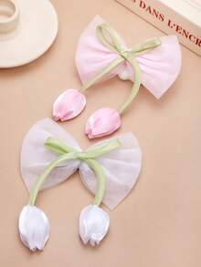 4pcs/Set Colorful Tulip Flower & Bow Hair Clips, Cute Sweet Student Hair Accessories, Gift For Girls, Spring/Summer - Multicolor - View 7