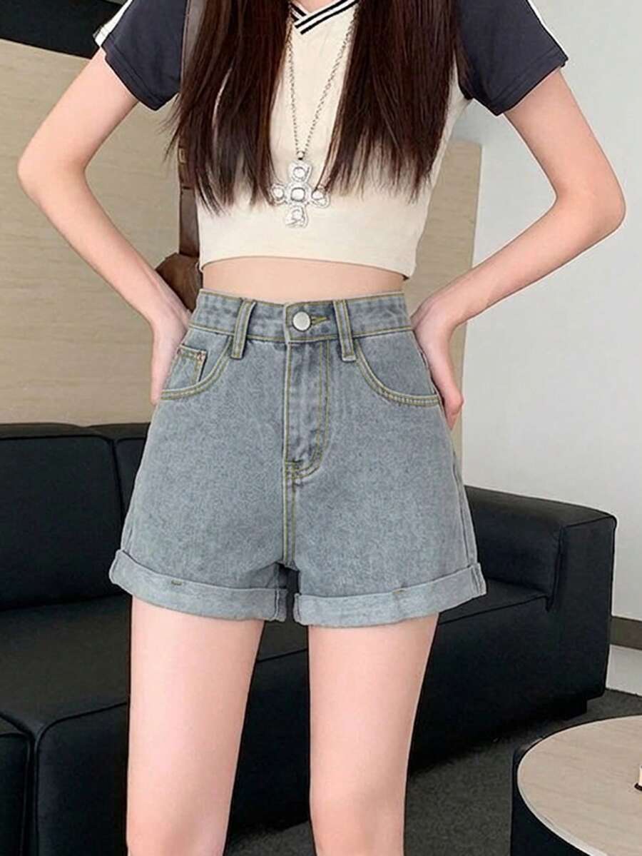 卷边高腰女士牛仔短裤，休闲夏季款 - 藍色 - 查看 1