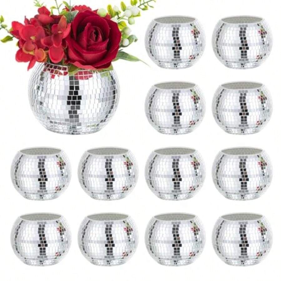 Disco Ball Vases For Table Centerpieces - 12pcs Sier Mirror Glass Planters Flower Pot Containers Bulk Disco Balls Bowl Candle Holders For Wedding Bridal Shower Birthday Events Party Decor - Silver - View 1