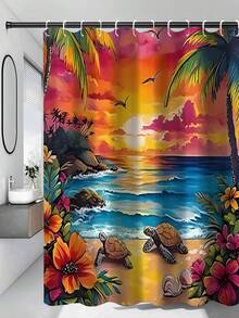 1/4 浴室帘套装,包含芙蓉花、贝壳、海龟、热带植物图案,海洋海岸蓝绿黄粉配色,可机洗夏季浴帘,配有 12 个挂钩、防滑浴室垫和 U 型马桶座套 - A - 查看 21