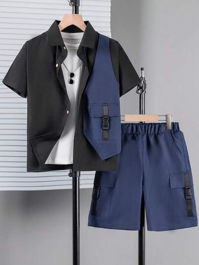 2pcs/Set Boys' Casual Shirt With Collar & Shorts, Fashion Street Style Outfit For Spring/Summer