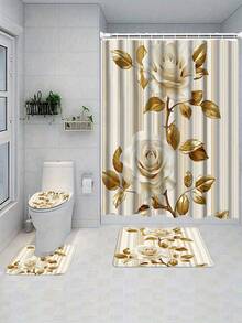 1/4pcs 3D Rose Print Waterproof Shower Curtain With Hooks - Machine Washable Polyester Bathroom Partition - A - View 18