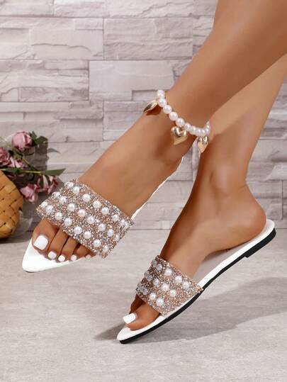 女士凉鞋，波点图案，闪亮水钻和珍珠装饰，时尚沙滩派对假日休闲鞋，夏季