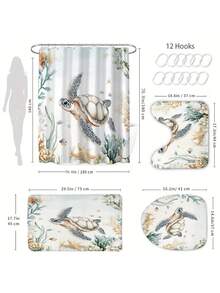 Bộ 4 món đồ dùng phòng tắm cao cấp họa tiết rùa san hô dưới nước, bao gồm rèm tắm, 12 móc nhựa, thảm chống trượt phòng tắm, nắp bồn cầu hình chữ U, phụ kiện trang trí phòng tắm hiện đại. - A - Xem 5