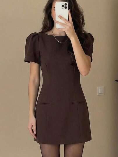 2026 New Arrival Women's Brown Elegant Casual Puff Sleeve Bodycon Mini Dress, 2026 Round Neck Slim Fit Fitted Short Sleeve Dress With Pocket Detail, Spring Summer All Season Versatile Women's Dresses For Party Wedding Guest Birthday Going Out Date Night Vacation Brunch Office Workwear, Formal Chic Fashion Outfits For Women, 2026 Hot Selling Women's Apparel