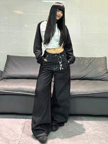 1件韩版街头风印花撞色拼接宽松阔腿牛仔裤，舒适休闲百搭，四季皆宜（不含腰带/配饰）黑色春季款 - 黑色 - 查看 8