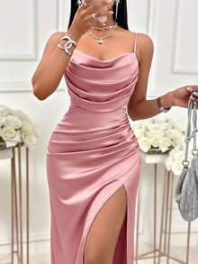 AIJ Đầm midi satin màu hồng phấn Amarilo dành cho nữ - Cổ đổ, dây mảnh, xẻ tà bên hông và chi tiết xếp ly, trang phục thanh lịch dự tiệc cưới và tiệc cocktail. - Bụi hồng - Xem 5