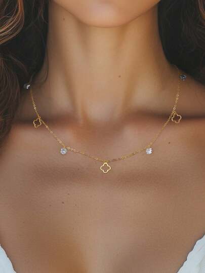 1 chiếc dây chuyền bạc sterling 925 tối giản tinh tế, hình cỏ bốn lá đính đá Cubic Zirconia 5mm, mạ vàng 18K, thích hợp cho nữ giới đeo hàng ngày và đi nghỉ hè.