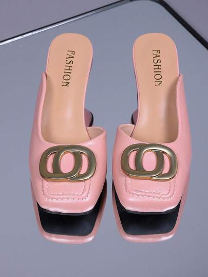 1 par de zapatillas de tacón alto de estilo coreano de color rosa para adolescentes y tallas grandes, de unicolor, de cuero suave con decoración de hebilla redonda dorada, diseño de punta cuadrada, tacón bajo y delgado, estilo deslizante, elegante y encantador, adecuado para uso casual diario, vacaciones, oficina, primavera/verano, nuevo lanzamiento